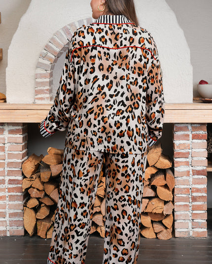 Khaki Plus Leopard Print Contrast Piping Striped Patchwork 2pcs Long Pajama Set