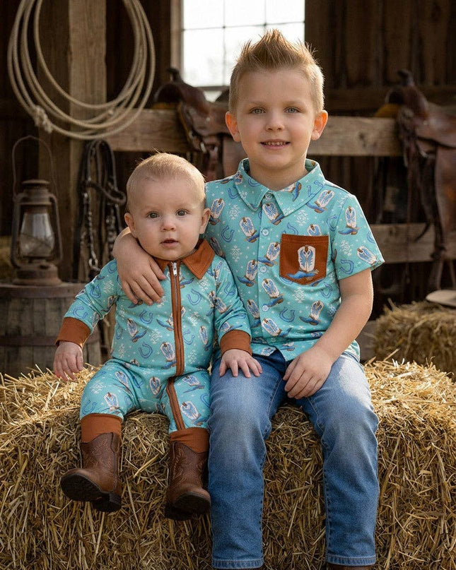Aqua western printed baby bodysuit w/ hand & foodie fold over. RPB60455 SOL