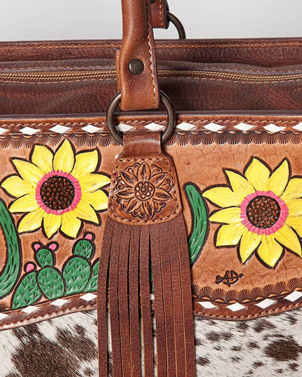 LC-ADBGZ200E Cowhide & Hand-Painted Sunflower Tooled Leather Tote - Western Shoulder Bag with Strap