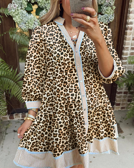 Khaki Plus Size Leopard Print Striped Trim V Neck Drop Waist Long Sleeve Mini Dress