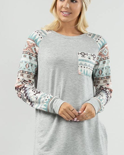 KC013B-SIMONE AZTEC PRINT COLOR BLOCK RAGLAN TOP