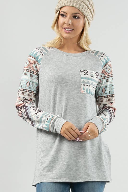 KC013B-SIMONE AZTEC PRINT COLOR BLOCK RAGLAN TOP