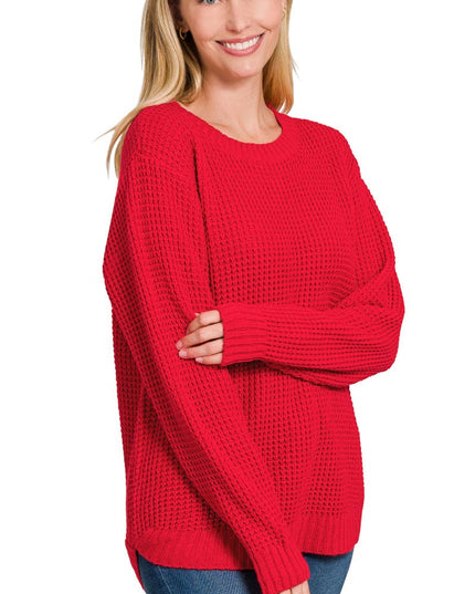 Hi Low Long Sleeve Round Neck Waffle Sweater Zenana