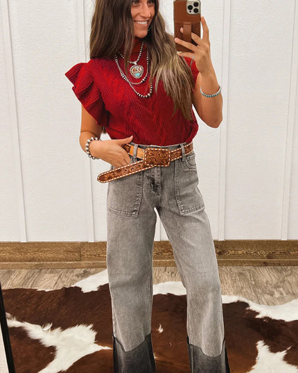 Tomato Red Cable Knit Turtleneck Ruffled Short Sleeve Sweater
