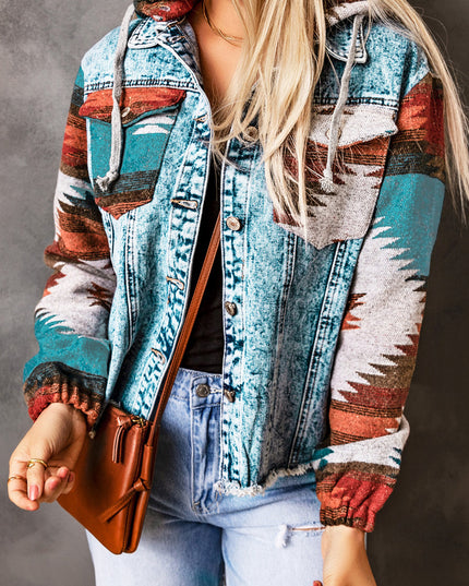 Multicolor Aztec Print Frayed Hem Denim Jacket
