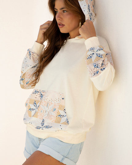 Beige Western Geo Pattern Patchwork Hoodie with Kangaroo Pocket