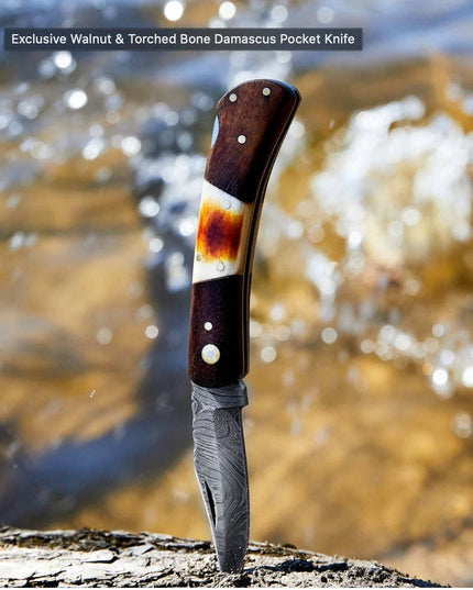 Walnut & Torched Bone Damascus Pocket Knife