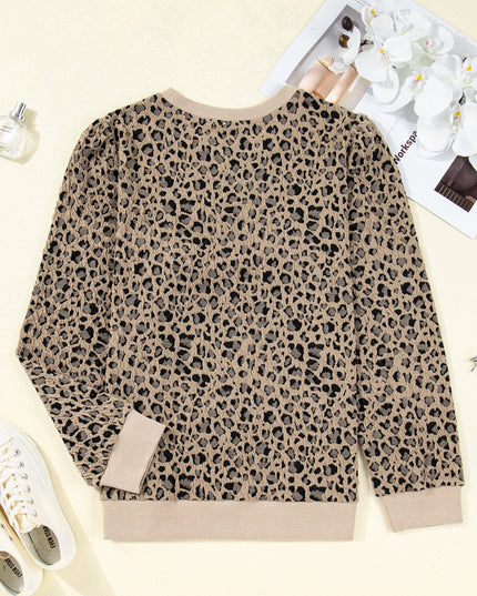 Khaki Leopard Textured Ribbed Trim Plus Size Long Sleeve Top