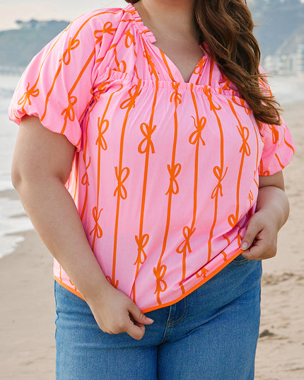 Rose Bowknot Print Shirred V Neck Puff Sleeve Plus Size Blouse