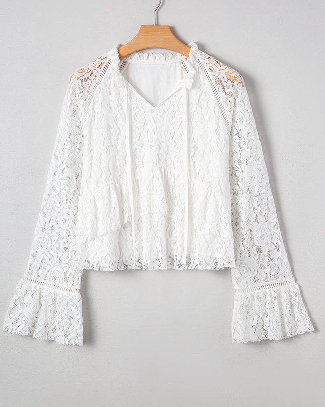 White Tie V Neck Lace Ruffle Detail Long Sleeve Blouse