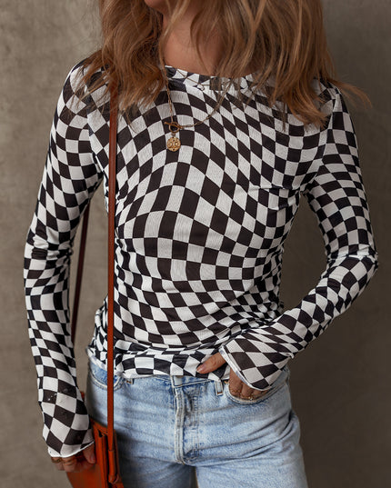 Black Checkered Pattern Mesh Mock Neck Long Sleeve Top