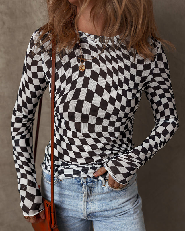 Black Checkered Pattern Mesh Mock Neck Long Sleeve Top
