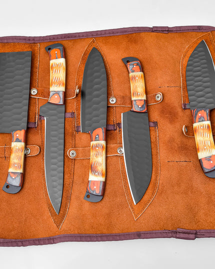 5-Piece  Knife Set / With Leather carry Bag Burnt Bone