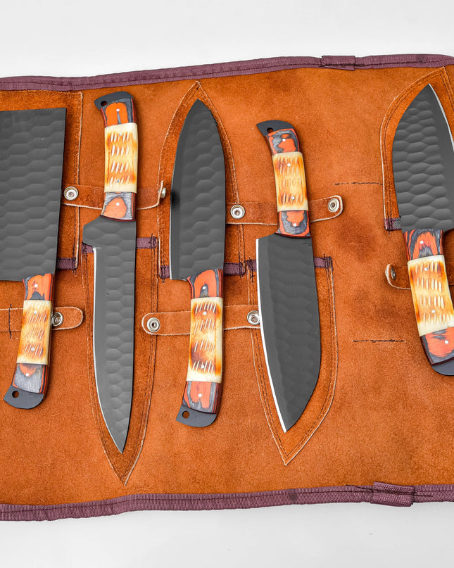 5-Piece  Knife Set / With Leather carry Bag Burnt Bone