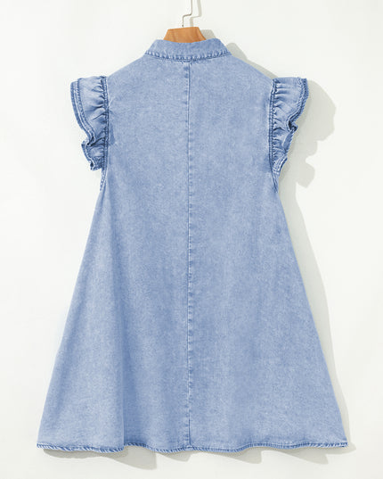 Beau Blue Double Ruffled Sleeves Buttoned A-line Collared Mini Denim Dress