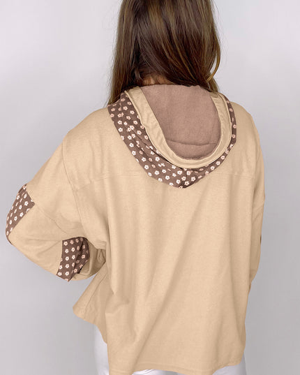 Apricot Floral Patchwork Star Pattern Drawstring Hoodie