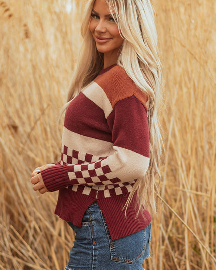 Brown Checkered Color Block Knitted Drop Shoulder Sweater