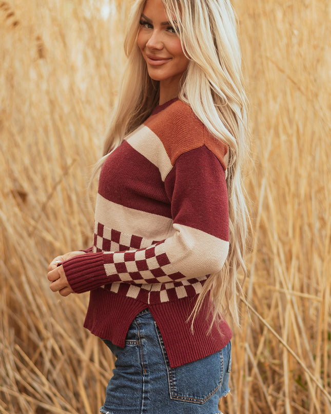 Brown Checkered Color Block Knitted Drop Shoulder Sweater