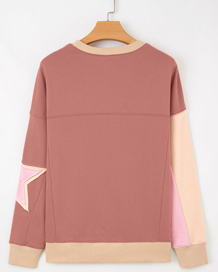 Rose Pink Contrast Star Patchwork Exposed Seam Uneven Hem Drop Shoulder Sweatshirt