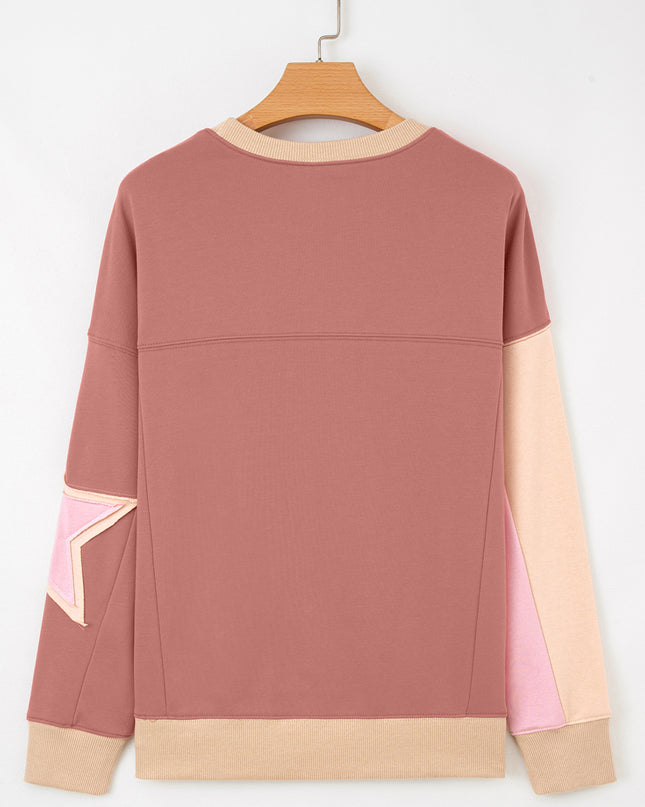 Rose Pink Contrast Star Patchwork Exposed Seam Uneven Hem Drop Shoulder Sweatshirt