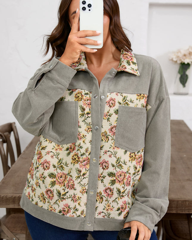 Medium Grey Corduroy Floral Patchwork Vintage Jacket