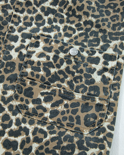 Gray Leopard Print Pocketed Loose Fit Denim Overall Dress