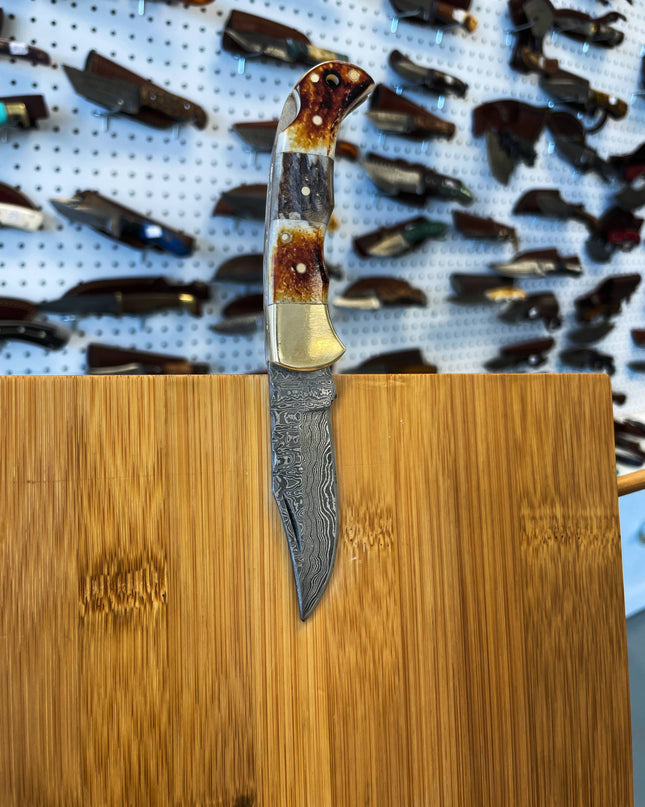 Burnt Bone and Stag Horn folding knife with Leather Sheath
