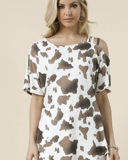 AV1102-CELIA COW PRINT OFF SHOULDER SHORT SLEEVE TOP