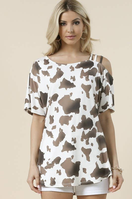 AV1102-CELIA COW PRINT OFF SHOULDER SHORT SLEEVE TOP