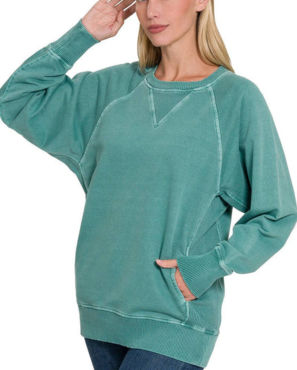 `Washed French Terry Pullover With Side Pockets Zenana