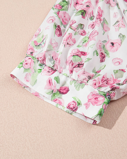 Pink Floral Split Neck Short Sleeve Loose Plus Size Mini Dress