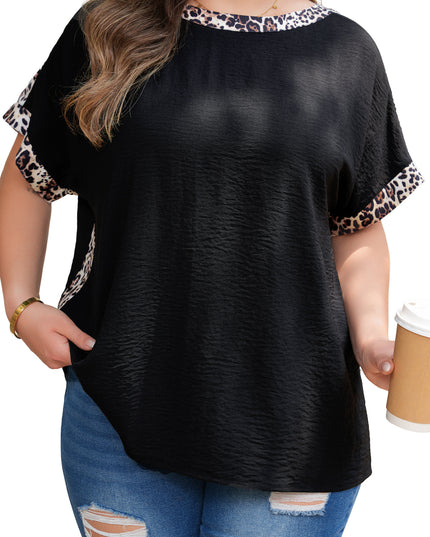 Black Plus Size Leopard Patchwork Round Neck Loose Tee