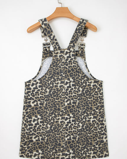 Gray Leopard Print Pocketed Loose Fit Denim Overall Dress