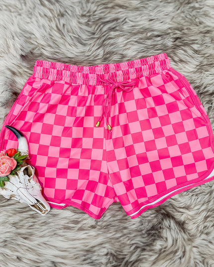 Black Checkered Drawstring Elastic Waist Casual Shorts