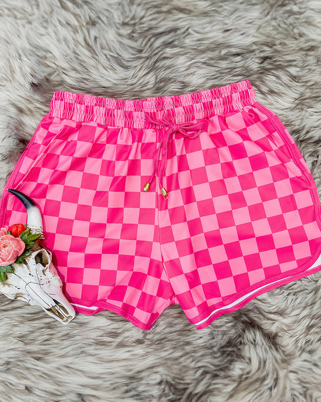 Black Checkered Drawstring Elastic Waist Casual Shorts
