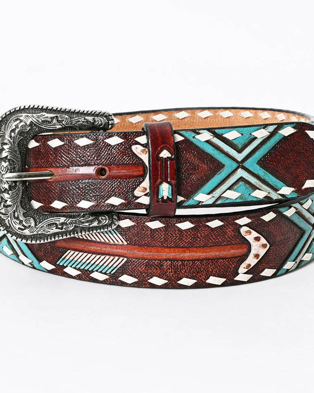 LC-ADBLF104 Hand-Tooled Arrow & Tribal Pattern Western Leather Belt with Engraved Buckle