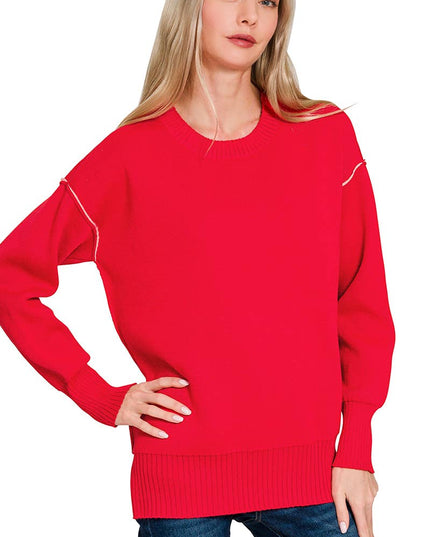 0805 Round Neck Contrast Trim Sweater SI-28343 Zenana