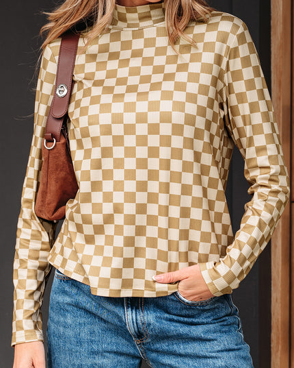 Khaki Check Pattern Turtleneck Ribbed Slim Long Sleeve Tee