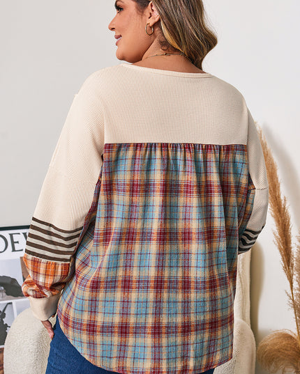 Parchment Plus Size Waffle Colorblock Striped Plaid Patchwork Half Button Pullover