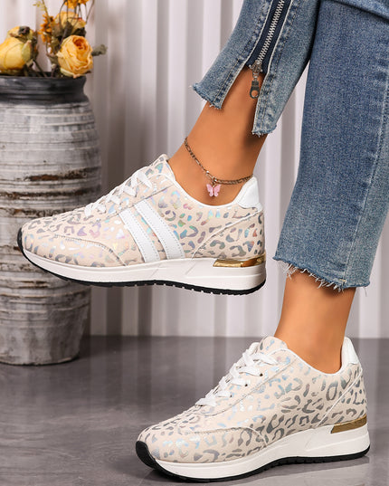 White Leopard Print Lace-Up Low-Top Sneakers with Rubber Sole