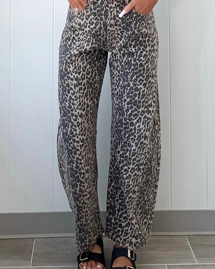 Black Leopard Print High Waist Barrel Jeans