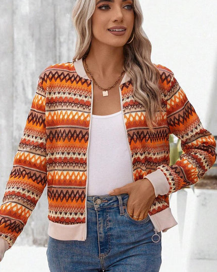 Orange Boho Striped Zip Up Long Sleeve Jacket
