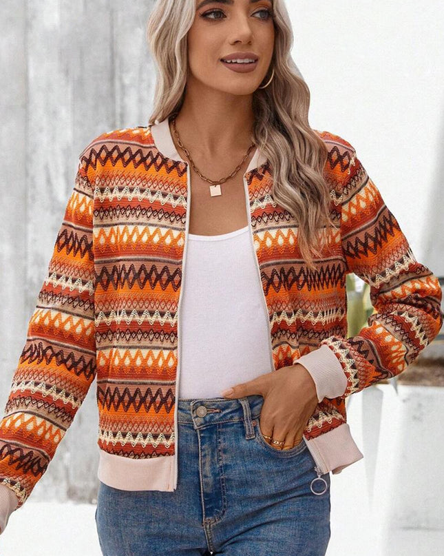 Orange Boho Striped Zip Up Long Sleeve Jacket