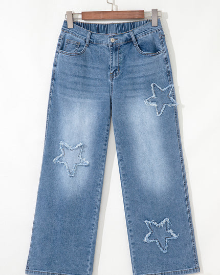 Stone Blue Star Patchwork Cropped Wide Leg High Waist Jeans