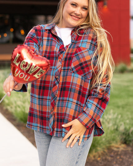 Red Plus Size Plaid Print Buttoned Shirt