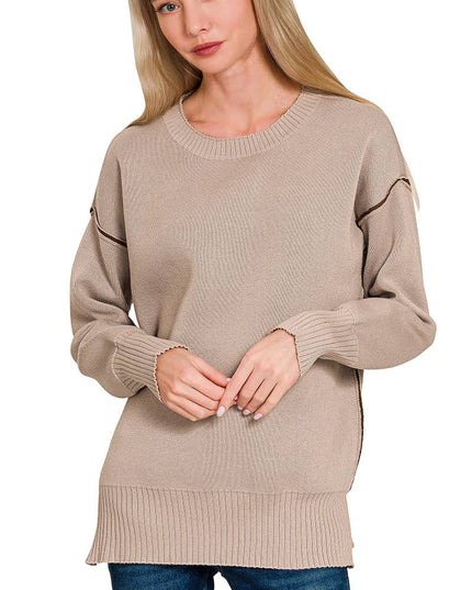 0805 Round Neck Contrast Trim Sweater SI-28343 Zenana