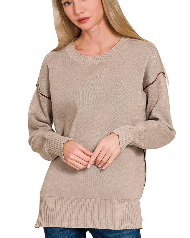 0805 Round Neck Contrast Trim Sweater SI-28343 Zenana
