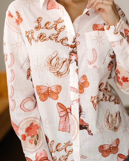 White Rodeo Cowgirl Print Western Button up Shirt