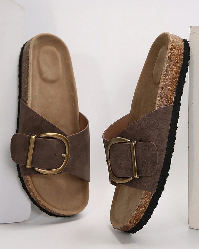 Coffee Buckle Decor Faux Suede Thick Sole Slippers