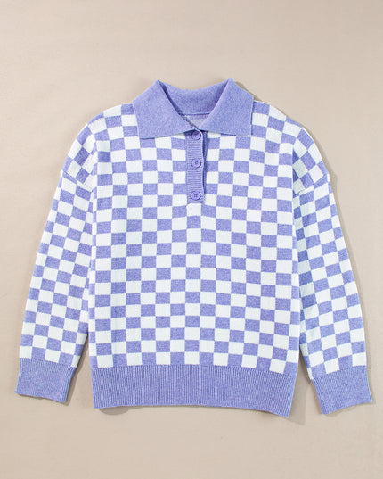 Purple Checkered Collared Buttons Plus Size Sweater